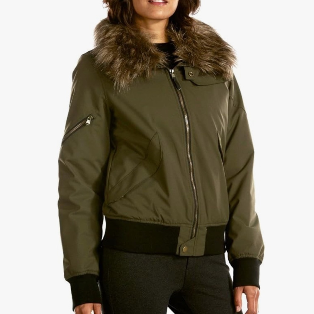 Fera Olive Green Insulated Winter Jacket with Faux Fur Trim Hood